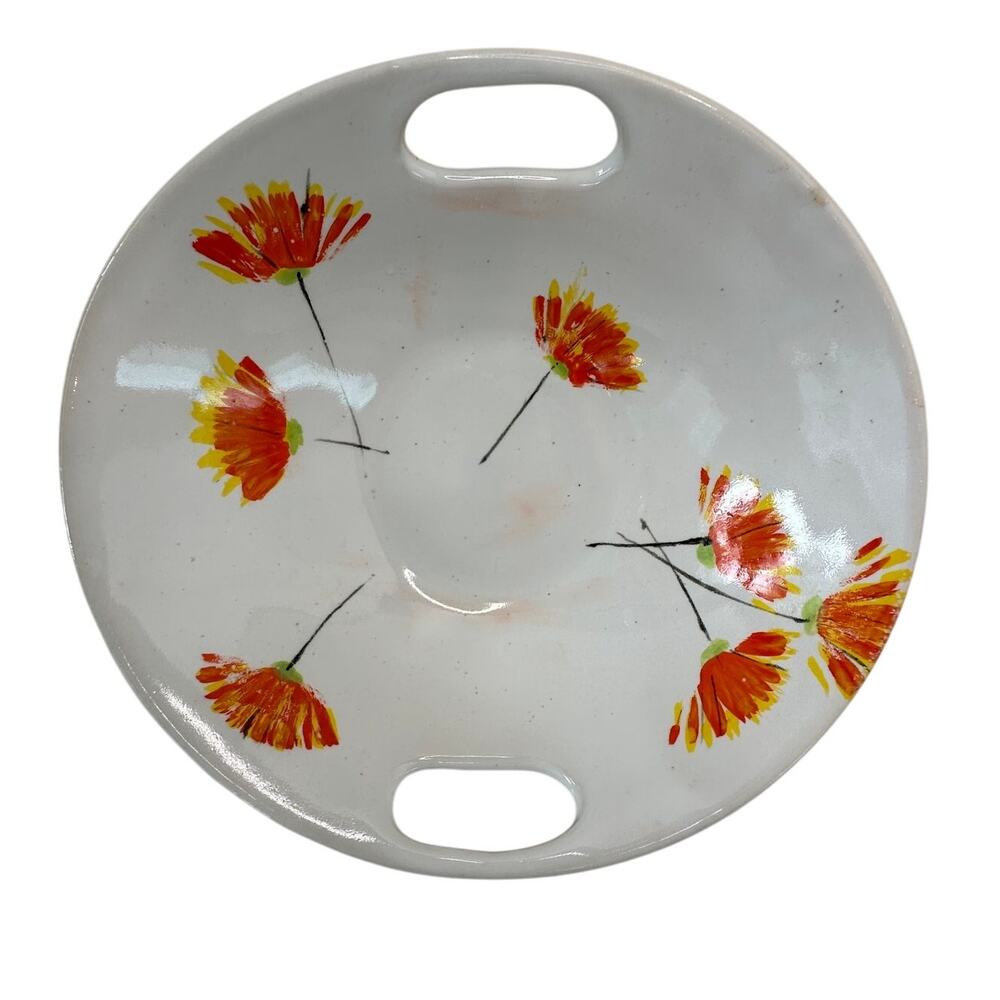 Vintage Simone Studio Pottery Orange Handled Bowl Signed 8" x 9"